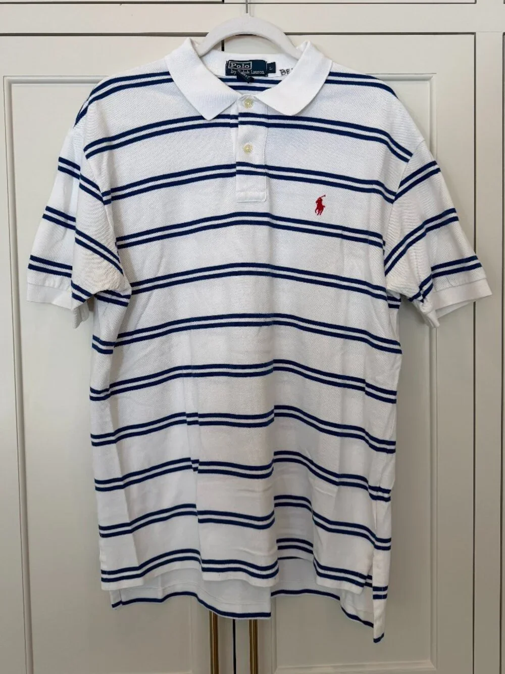 Polo Ralph Lauren White and Blue Striped Polo Shirt | Size L